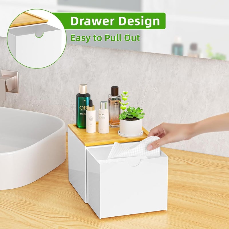 VITVITI Drawer Disposable Face Towel Holder Box, Acrylic Facial Towel Container for XL Clean Skin Club, Large Disposable Face Towels Storage with Bamboo Lid, for Bathroom, Vanity Makeup, White - Image 2